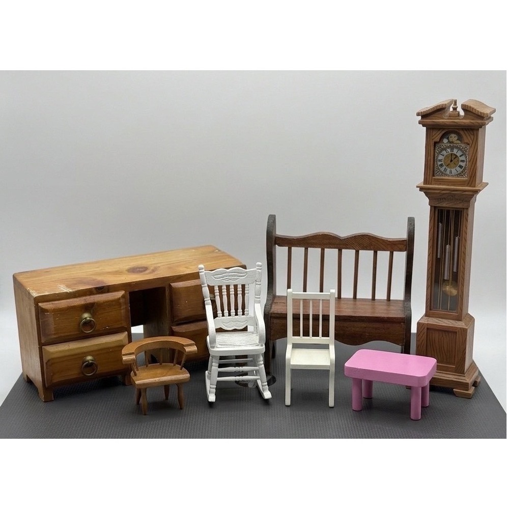 Vintage 1:12 Dollhouse Furniture Lot 7pc  Wood Desk Bench Chairs & 9.5" ki Clock